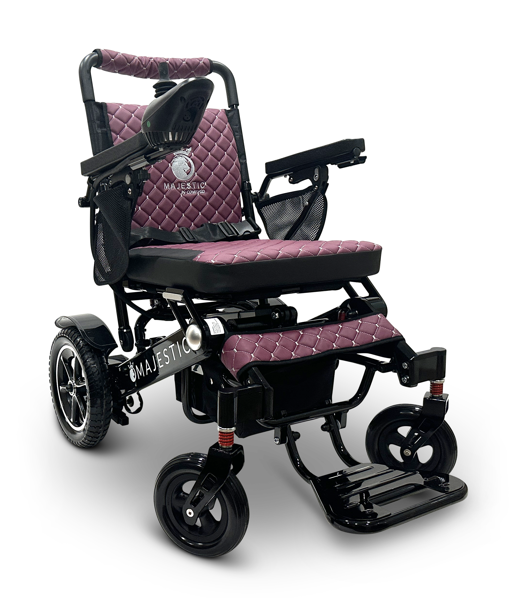 The MAJESTIC IQ-7000 Remote Controlled Electric Wheelchair boasts a black frame with a quilted burgundy seat and backrest. It includes armrests, a joystick controller, footrests, and robust wheels that ensure travel mobility and comfort.